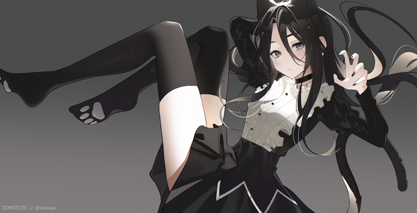Anime picture 3500x1793 with original reiko lape single long hair looking at viewer blush fringe highres black hair simple background hair between eyes wide image signed animal ears bent knee (knees) tail nail polish animal tail fingernails cat ears