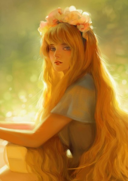 Anime picture 1130x1600 with original thuyngan (nguy thuy ngan) single tall image looking at viewer fringe open mouth blue eyes blonde hair sitting very long hair light smile sunlight realistic wavy hair girl plant (plants) grass wreath