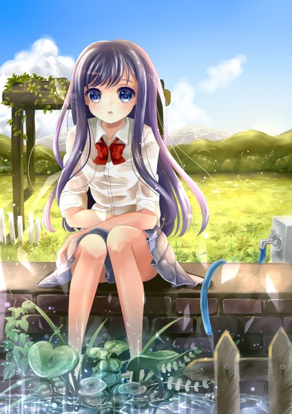 Anime picture 1200x1697 with original puracotte single long hair tall image looking at viewer blue eyes sitting purple hair girl skirt plant (plants) miniskirt shirt water