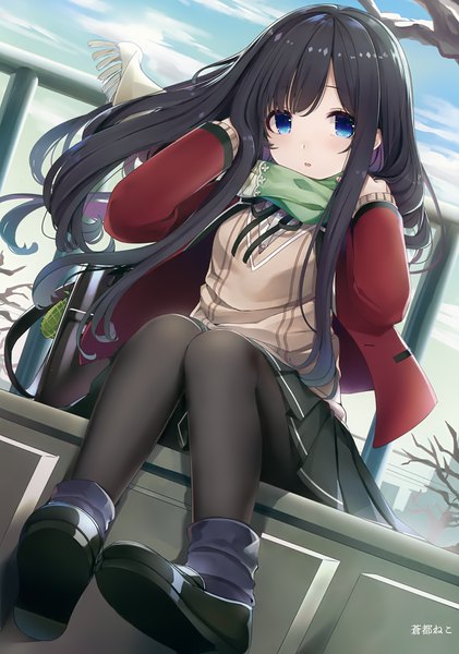 Anime picture 2475x3526 with melonbooks ao no neko single long hair tall image looking at viewer blush fringe highres open mouth blue eyes black hair signed sky cloud (clouds) full body outdoors long sleeves pleated skirt scan