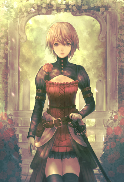 Anime picture 1077x1578 with original yazuwo single tall image looking at viewer fringe short hair blonde hair hair between eyes holding brown eyes outdoors zettai ryouiki cleavage cutout center opening girl thighhighs dress flower (flowers) weapon