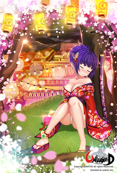 Anime picture 600x886 with unleashed ratio (ratio-d) single tall image fringe short hair breasts light erotic large breasts bare shoulders purple hair eyes closed traditional clothes japanese clothes pantyshot legs pantyshot sitting girl hair ornament underwear