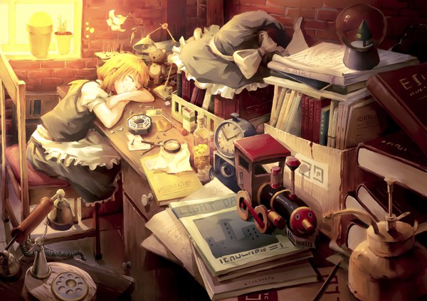 Anime picture 3507x2480 with touhou kirisame marisa chen bin single long hair highres blonde hair sitting absurdres indoors eyes closed short sleeves puffy sleeves sleeping hat removed headwear removed brick wall girl skirt flower (flowers)