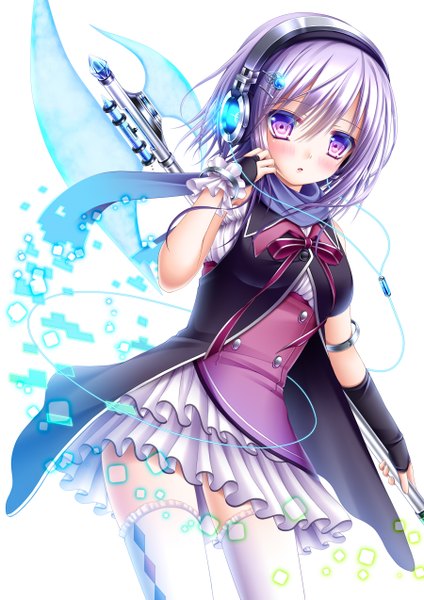 Anime picture 900x1273 with original shitou single tall image looking at viewer blush short hair simple background white background purple eyes silver hair zettai ryouiki girl thighhighs dress skirt weapon white thighhighs frills headphones