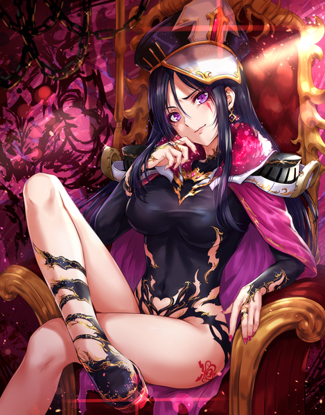 Anime picture 1000x1279 with queen's blade sakiyamama single long hair tall image looking at viewer fringe breasts light erotic black hair hair between eyes large breasts sitting purple eyes payot bent knee (knees) nail polish head tilt arm up fingernails