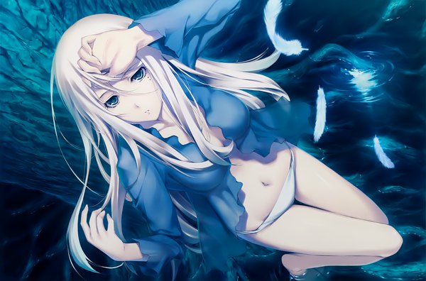 Anime picture 4000x2644 with kara no shoujo innocent grey stella maris sugina miki single long hair looking at viewer highres breasts blue eyes light erotic blonde hair absurdres bent knee (knees) white hair parted lips barefoot from above scan night