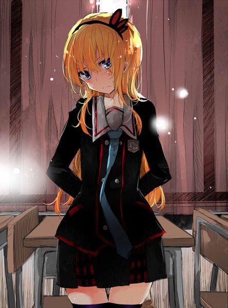 Anime picture 889x1200 with val x love natsuki saotome asakura ryousuke single long hair tall image looking at viewer blush fringe blue eyes blonde hair hair between eyes standing payot indoors head tilt pleated skirt embarrassed hands behind back classroom