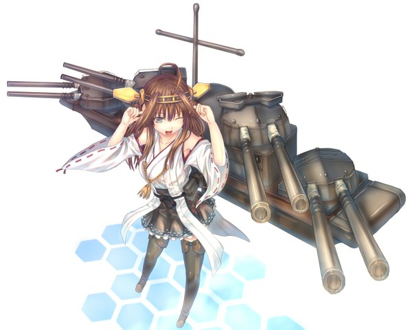 Anime picture 1280x1024 with kantai collection kongou battleship sabamu single long hair open mouth brown hair brown eyes one eye closed wink nontraditional miko girl thighhighs weapon black thighhighs detached sleeves hairband gun