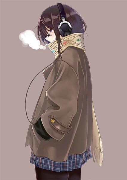 Anime picture 600x847 with original machimura komori single tall image short hair simple background brown hair brown eyes profile grey background exhalation hands in pockets girl pantyhose headphones scarf coat