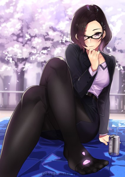 Anime picture 1447x2046 with original kagematsuri single tall image looking at viewer blush fringe short hair breasts light erotic brown hair sitting signed bent knee (knees) outdoors parted lips pink eyes hair over one eye open clothes mole