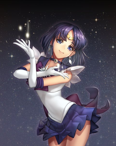 Anime picture 800x1000 with bishoujo senshi sailor moon toei animation tomoe hotaru sailor saturn negi (yhyun811) single tall image fringe short hair smile standing purple eyes purple hair leaning leaning forward crossed arms shooting star constellation girl gloves