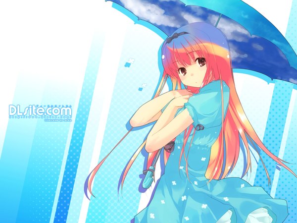 Anime picture 1600x1200 with dlsite.com dille blood refeia single long hair looking at viewer fringe signed pink eyes orange hair wallpaper copyright name sky print girl dress umbrella blue dress