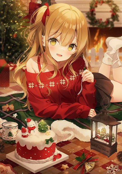 Anime picture 1000x1424 with original weri single long hair tall image blush fringe open mouth blonde hair hair between eyes bare shoulders green eyes indoors lying :d one side up christmas on stomach girl ribbon (ribbons)