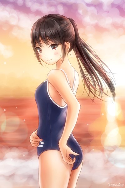 Anime picture 600x900 with original sakinate single long hair tall image looking at viewer blush fringe breasts light erotic smile brown hair standing bare shoulders brown eyes signed payot sky cloud (clouds) outdoors