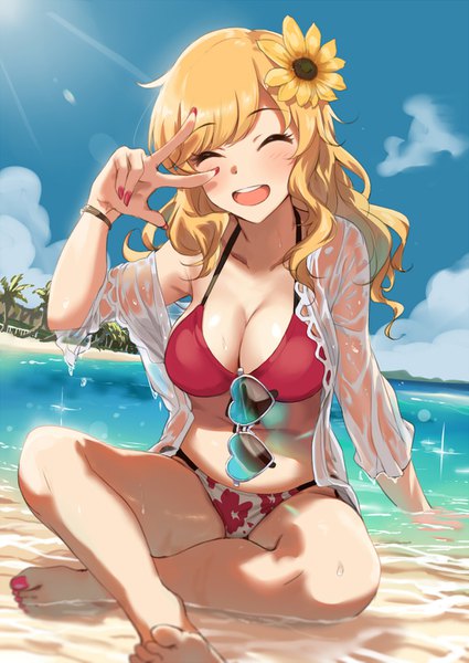 Anime picture 1000x1412 with idolmaster idolmaster cinderella girls ootsuki yui kurokin single long hair tall image blush fringe breasts open mouth light erotic blonde hair smile large breasts sitting sky cleavage cloud (clouds) outdoors