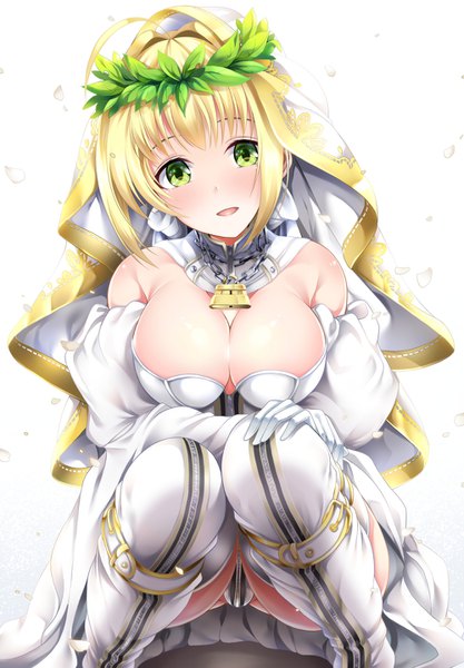 Anime picture 1000x1438 with fate (series) fate/extra fate/extra ccc nero claudius (fate) (all) nero claudius (fate) nero claudius (bride) (fate) garana single tall image looking at viewer blush fringe short hair breasts open mouth light erotic simple background blonde hair smile hair between eyes
