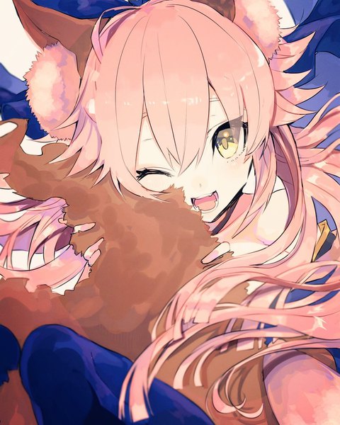 Anime picture 819x1024 with fate (series) fate/extra tamamo (fate) (all) tamamo no mae (fate) sakusya2honda single long hair tall image looking at viewer fringe open mouth hair between eyes animal ears yellow eyes pink hair tail animal tail one eye closed fox ears fox tail