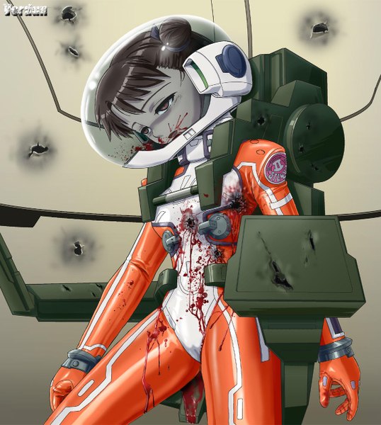 Anime picture 1130x1260 with original verdun (berudan) single tall image short hair open mouth black hair sitting twintails brown eyes short twintails death girl blood suit helmet
