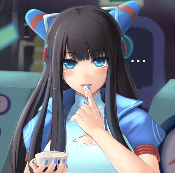 Anime picture 1836x1818 with latale sarasvati (latale) zi-shot (artist) single long hair looking at viewer blush highres blue eyes light erotic black hair finger to mouth eating girl tongue