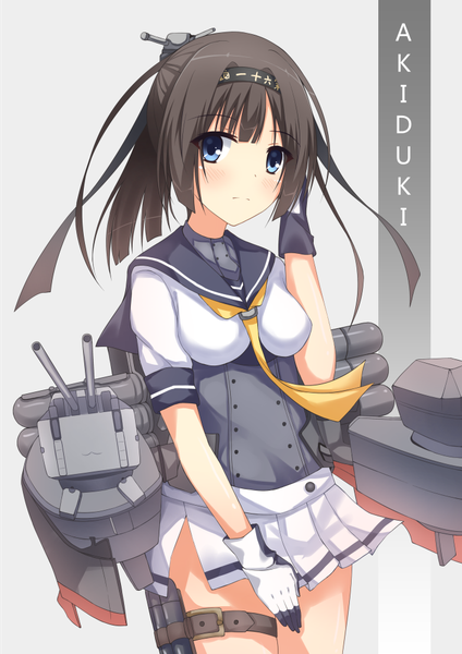 Anime picture 707x1000 with kantai collection chou-10cm-hou-chan suzuame yatsumi single tall image looking at viewer blush short hair blue eyes simple background brown hair pleated skirt wind grey background character names adjusting hair covering shirt tug girl skirt