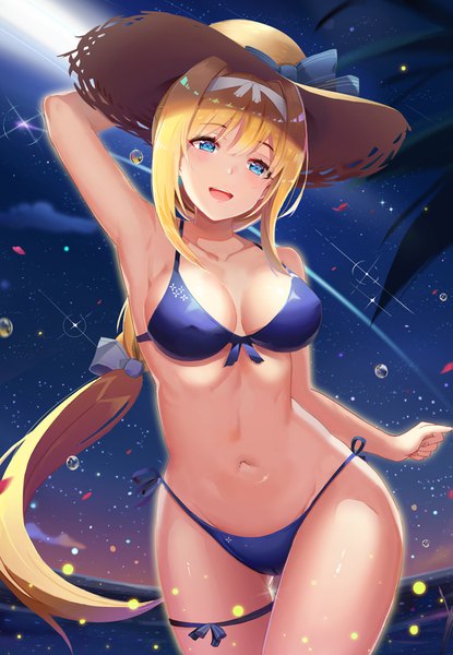 Anime picture 1039x1500 with sword art online sword art online: alicization a-1 pictures alice zuberg l.bou single long hair tall image looking at viewer blush fringe breasts open mouth blue eyes light erotic blonde hair smile hair between eyes large breasts standing