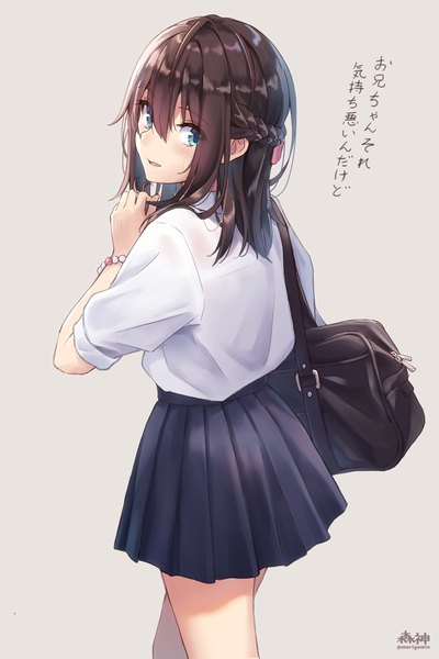 Anime picture 801x1200 with original morigami (morigami no yashiro) single long hair tall image fringe blue eyes simple background hair between eyes brown hair signed pleated skirt looking back grey background twitter username text half updo girl skirt uniform