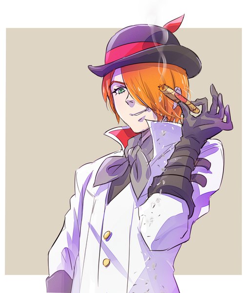 Anime picture 1502x1800 with rwby rooster teeth roman torchwick iesupa single tall image fringe short hair simple background smile green eyes upper body hair over one eye orange hair looking down letterboxed smoke brown background meme salt bae (meme)