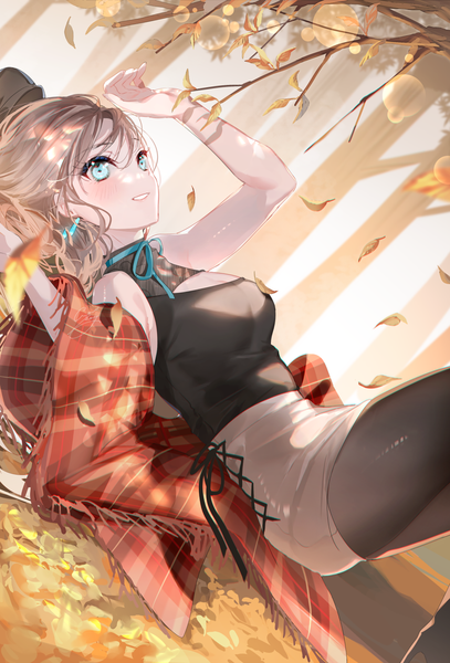 Anime picture 1111x1637 with original miwano rag single long hair tall image looking at viewer blush fringe blue eyes smile hair between eyes brown hair cleavage lying parted lips on back cleavage cutout plaid autumn girl
