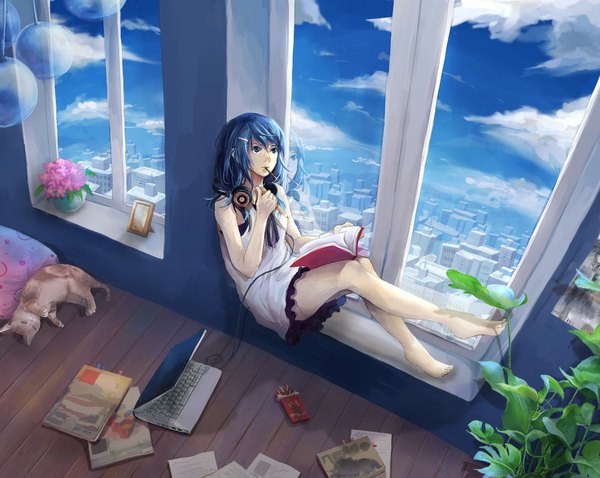 Anime picture 1064x849 with original yupi single long hair fringe blue eyes holding blue hair sky cloud (clouds) barefoot mouth hold city sleeping girl hair ornament flower (flowers) plant (plants) animal food