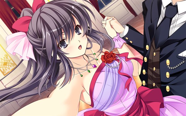 Anime picture 1280x800 with shitsuji ga aruji wo erabu toki maki gold wienberg satou satoru long hair blush open mouth blue eyes black hair wide image game cg ponytail couple girl dress bow hair bow pendant