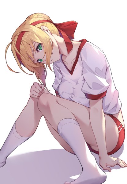 Anime picture 1108x1600 with fate (series) fate/grand order fate/extra nero claudius (fate) (all) nero claudius (fate) nian (zhanian) single tall image looking at viewer fringe short hair light erotic simple background blonde hair smile white background sitting green eyes payot ahoge