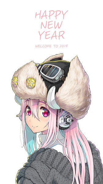 Anime picture 1080x1920 with nitroplus super sonico tsuji santa single long hair tall image looking at viewer blush simple background white background pink hair pink eyes looking back new year goggles on head happy new year 2019 nengajou girl hat