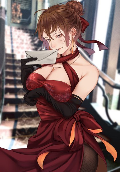 Anime picture 1679x2403 with original saitou (lynx-shrike) single tall image looking at viewer fringe short hair breasts light erotic smile hair between eyes brown hair large breasts standing bare shoulders holding brown eyes payot cleavage ahoge