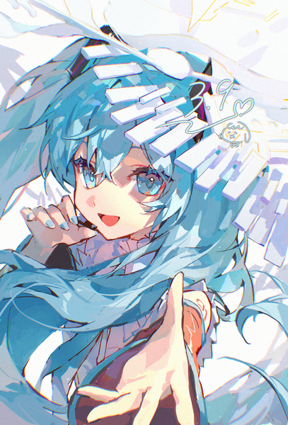 Anime picture 1187x1748 with vocaloid hatsune miku happy 16th birthday -dear creators- hatsune miku dogdogbhh single long hair tall image looking at viewer fringe open mouth hair between eyes twintails upper body nail polish :d aqua eyes aqua hair outstretched hand 39 girl