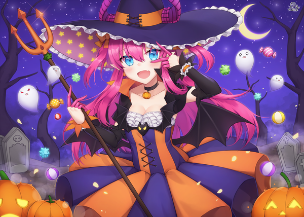 Anime picture 1600x1143 with fate (series) fate/grand order elizabeth bathory (fate) (all) elizabeth bathory (halloween caster) (fate) pong (vndn124) single long hair looking at viewer blush fringe open mouth blue eyes hair between eyes pink hair cleavage :d fang (fangs) two side up halloween ghost