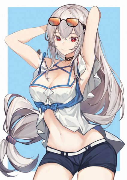 Anime picture 2480x3508 with arknights skadi (arknights) skadi (waverider) (arknights) fanshu single tall image looking at viewer fringe highres breasts light erotic simple background smile hair between eyes red eyes large breasts standing payot silver hair very long hair