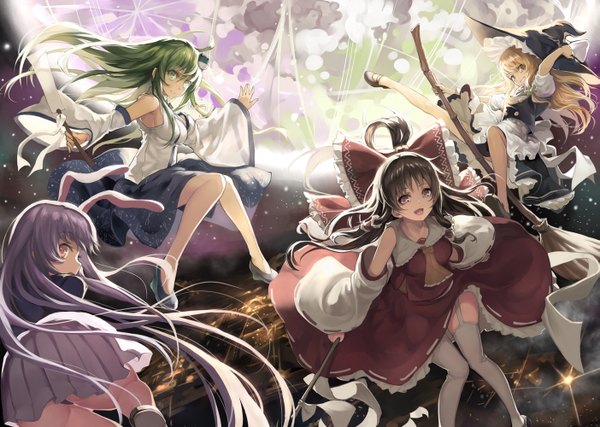 Anime picture 1403x1000 with touhou hakurei reimu kirisame marisa kochiya sanae reisen udongein inaba kamiljm long hair short hair black hair blonde hair red eyes multiple girls brown eyes green eyes animal ears yellow eyes purple hair traditional clothes japanese clothes green hair