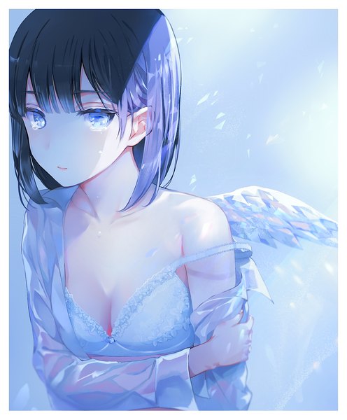 Anime picture 1200x1451 with original tlla (artist) single tall image looking at viewer blush fringe short hair breasts light erotic black hair hair between eyes cleavage upper body off shoulder border strap slip crying silver eyes holding arm