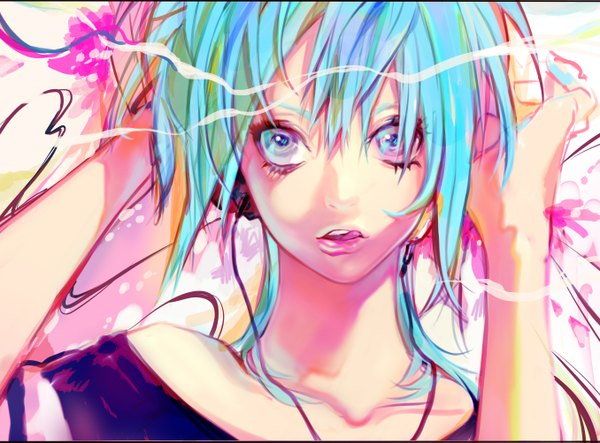 Anime picture 1356x1003 with original si (pixiv) single long hair looking at viewer aqua eyes lips aqua hair hands on head girl tongue headphones blouse