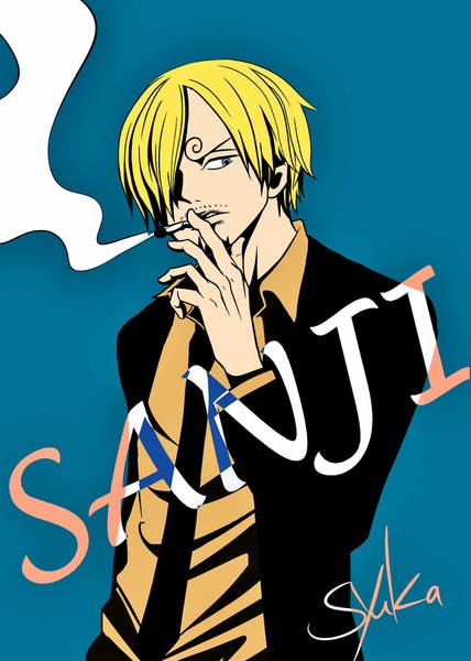 Anime picture 1413x1980 with one piece toei animation sanji one syuka single tall image fringe short hair blue eyes blonde hair simple background standing holding signed looking away hair over one eye character names blue background smoke eyebrows