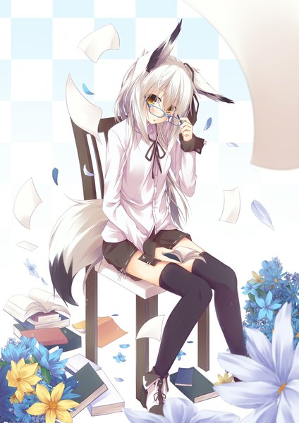Anime picture 724x1024 with original nagishiro mito single long hair tall image looking at viewer blush sitting animal ears white hair tail animal tail fox ears girl thighhighs flower (flowers) black thighhighs petals glasses book (books)
