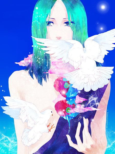 Anime picture 3000x4000 with original phantomhive (artist) single tall image highres short hair blue eyes simple background bare shoulders signed looking away aqua hair blue background boy animal bird (birds) pigeon