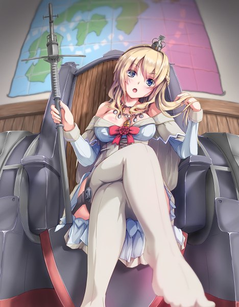 Anime picture 2000x2562 with kantai collection warspite (kantai collection) maimu (gol-em-1226) single long hair tall image blush highres breasts open mouth blue eyes light erotic blonde hair sitting legs crossed legs girl thighhighs white thighhighs map