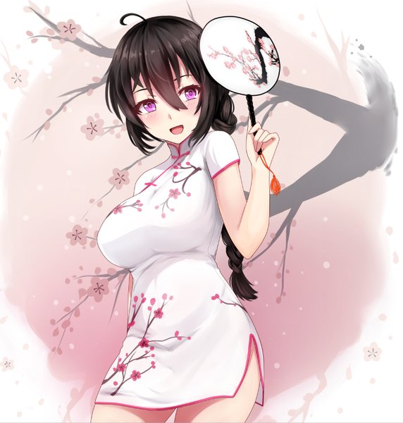 Anime picture 784x822 with original miyaura sanshio beifeng han single long hair tall image looking at viewer blush fringe breasts open mouth black hair hair between eyes large breasts standing purple eyes holding ahoge braid (braids) traditional clothes