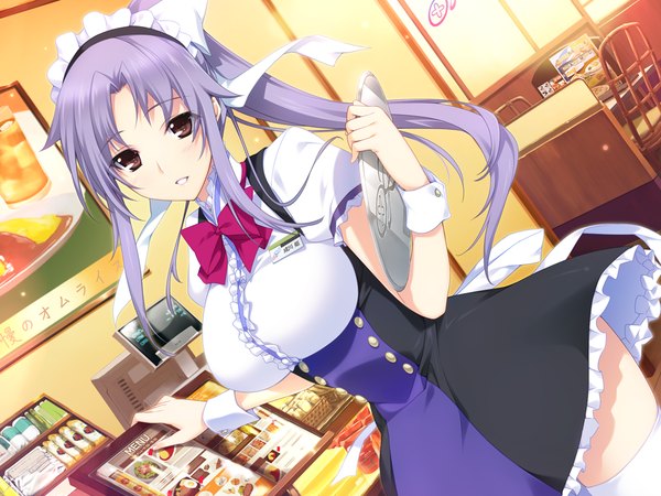 Anime picture 1024x768 with lovely x cation 2 hibiki works narukawa hime iizuki tasuku long hair brown eyes game cg purple hair ponytail maid girl thighhighs white thighhighs headdress maid headdress