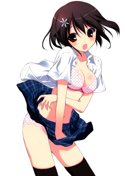 Anime picture 2882x4035 with fumio (ura fmo) single tall image highres short hair open mouth light erotic black hair red eyes white background skirt lift girl underwear panties