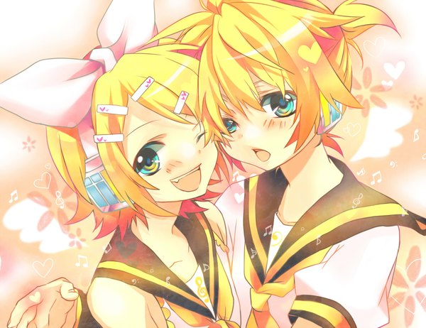 Anime picture 1800x1387 with vocaloid kagamine rin kagamine len teito (0w0kuma) looking at viewer blush highres blonde hair smile one eye closed aqua eyes wink teeth loli fang (fangs) hug siblings twins brother and sister girl