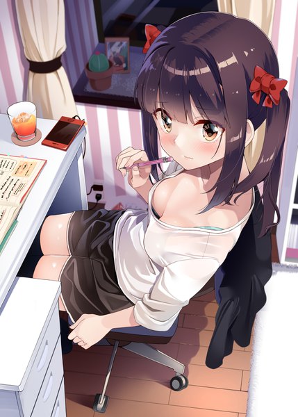 Anime picture 2596x3628 with original sana (allbyte) byte (allbyte) single long hair tall image looking at viewer blush fringe highres breasts light erotic hair between eyes brown hair sitting holding brown eyes payot cleavage indoors