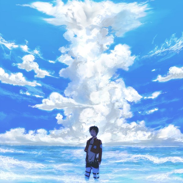 Anime picture 1600x1600 with shingeki no kyojin production i.g eren yaeger meola single short hair open mouth brown hair sky cloud (clouds) eyes closed happy scenic boy jacket belt sea pants