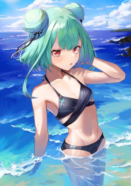 Anime picture 1724x2433 with virtual youtuber hololive uruha rushia sooon single tall image highres short hair light erotic red eyes standing looking away sky cloud (clouds) green hair wind partially submerged groin girl swimsuit
